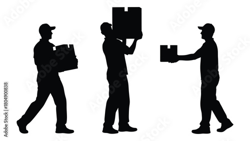 Delivery men with boxes silhouette isolated on white background, Vector