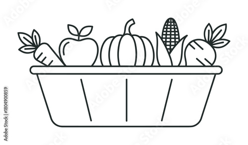 A minimalist black line art illustration of a basket filled with fresh harvest produce, including a pumpkin, apple, corn, and carrots, symbolizing healthy eating and agriculture
