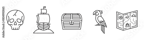 Minimalist line art icon set for a pirate adventure theme, showing a cracked skull, a sailing ship, a locked treasure chest, a parrot, and a folded map with a marked location