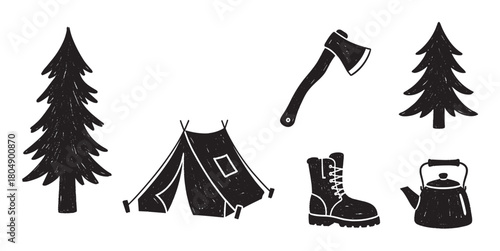 Rustic black and white illustration set of hiking and camping gear, showing a tent, axe, boot, kettle, and fir trees with a hand-drawn, woodcut-inspired aesthetic
