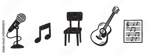 A set of monochrome doodle illustrations featuring acoustic music elements like a guitar, microphone, musical notes, and a chair, representing a live solo performance