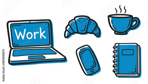 A set of hand-drawn blue icons representing a work routine, including a laptop, smartphone, notebook, coffee cup, and croissant in a charming doodle style