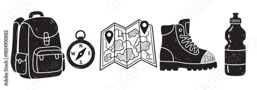 Monochrome collection of outdoor adventure equipment featuring a rucksack, navigation compass, location map, hiking boot, and drink bottle in a rustic doodle sketch style