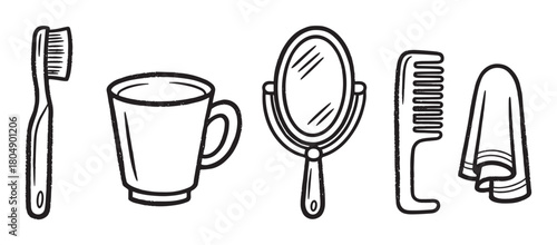 A hand-drawn set of personal hygiene items including a toothbrush, cup, hand mirror, comb, and towel, illustrated in a simple black and white doodle style with a textured outline