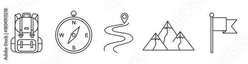 A set of minimalist black line art icons representing hiking and outdoor adventure, including a backpack, compass, route map, mountains, and a destination flag