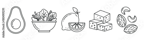 A set of healthy food icons including avocado, salad, lemon, cheese, and nuts, illustrated in a clean and simple black and white line art style for nutrition concepts