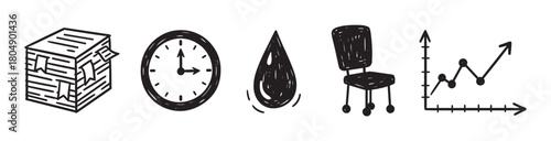 A set of hand-drawn business icons including a stack of documents, a clock, a liquid drop, an office chair, and a growth chart, illustrated in a simple black doodle style