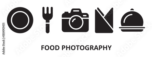 A clean graphic illustration featuring black silhouette icons of a plate, fork, camera, folded napkin, and cloche, with the text "FOOD PHOTOGRAPHY" below, representing culinary imaging
