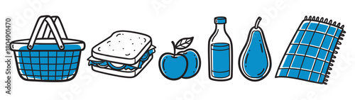 A hand-drawn set of blue picnic icons including a basket, sandwich, apple, pear, bottle, and blanket, illustrated in a simple cartoon doodle style with a thick black outline