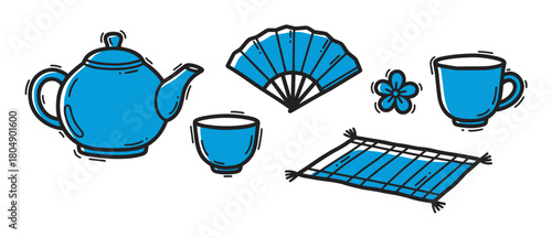 A charming hand-drawn doodle set of blue Asian tea ceremony items, including a teapot, cups, a fan, and a placemat, rendered in a simple, sketchy cartoon style