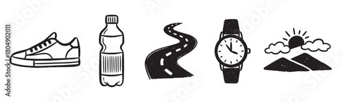 A set of hand-drawn black and white icons representing an active lifestyle, including a sneaker, water bottle, winding road, wristwatch, and mountain landscape with a sun