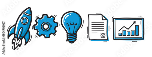 Creative sketch illustration of business development symbols including a rocket launch, innovative idea lightbulb, gear mechanism, document, and financial growth chart