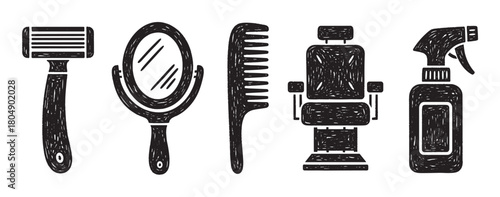 A collection of barbershop and hairstyling icons in a hand-drawn doodle style, featuring a razor, hand mirror, comb, salon chair, and a spray bottle illustration