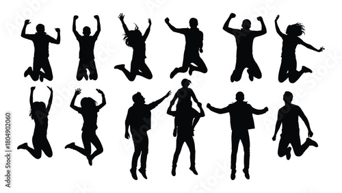 Happy jumping people silhouettes isolated on white background, Vector