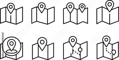 Location and navigation icons set. Map pin, route, destination, global positioning. Outline vector illustrations