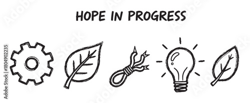 A conceptual hand-drawn banner with icons of a cog, leaf, and lightbulb under the phrase "Hope in Progress," symbolizing sustainable development, industry, and new ideas