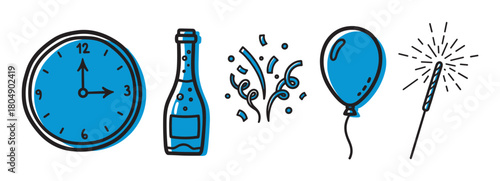 Festive doodle icon set for a New Year's Eve celebration with a clock, sparkling wine, confetti, balloon, and sparkler in a simple blue and black hand-drawn style