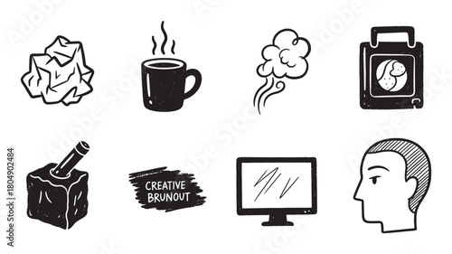A hand-drawn icon set in a sketchy doodle style illustrating the concept of creative burnout with symbols like crumpled paper, a coffee mug, a trash can, and a tired human profile