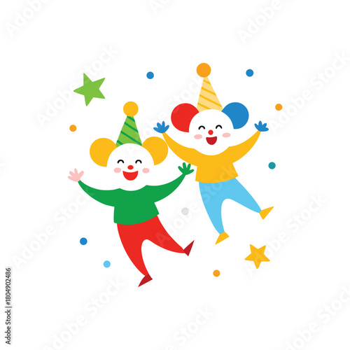 Happy Jumping Clowns Celebrating with Confetti