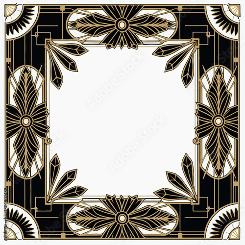 Luxury Art Deco Frame with Black, Gold, and White Geometric Floral Motifs