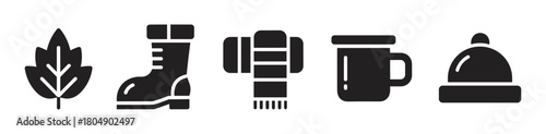 A set of black glyph icons representing autumn and winter essentials, including a leaf, a boot, a rolled scarf, a hot drink mug, and a beanie hat, arranged in a simple horizontal line