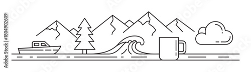 A minimalist black line art illustration showing a journey through nature with a boat, mountains, a tree, a wave, a coffee mug, and a cloud, representing travel and adventure