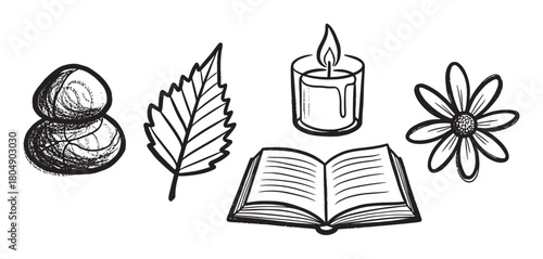 A collection of sketched mindfulness symbols featuring stacked pebbles, a botanical leaf, a burning candle, an open book, and a daisy flower in a simple doodle style