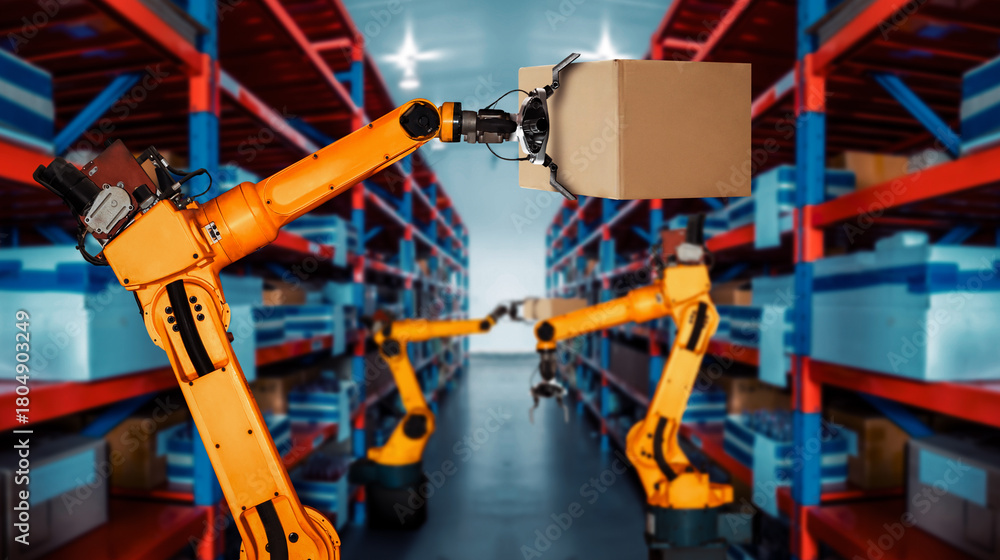 Fototapeta premium Smart robot arm system for innovative warehouse and factory digital technology . Automation manufacturing robot controlled by industry engineering using IOT software connected to internet network .