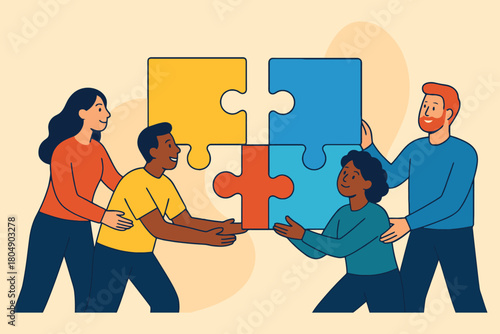 Diverse team of people working together to assemble a puzzle