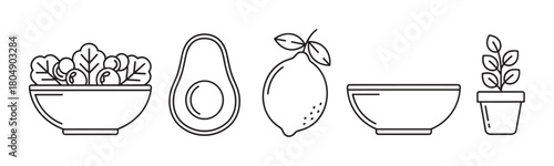 Simple black and white vector icon collection featuring fresh food ingredients like salad, avocado, and lemon alongside a bowl and a potted herb for culinary design