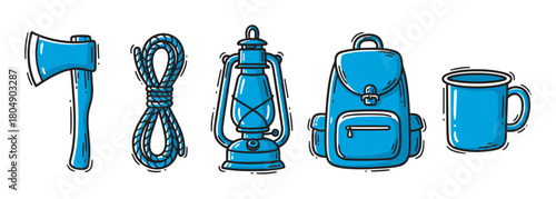 A collection of blue hand-drawn camping equipment including an axe, rope, lantern, backpack, and mug, illustrated in a charming doodle style for outdoor adventure themes
