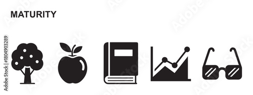 A set of black minimalist icons illustrating the concept of maturity, including a fruit tree, an apple, a book, a growth chart, and sunglasses, arranged in a row