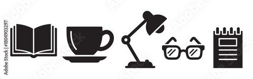 A minimalist set of black silhouette icons representing reading and studying, including an open book, coffee cup, desk lamp, glasses, and a spiral notepad in a row