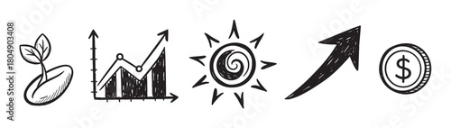 A set of hand-drawn doodle icons representing business growth, financial success, and investment, including a sprout, graph, sun, upward arrow, and dollar coin
