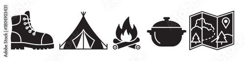 A collection of black silhouette icons representing camping and outdoor adventure, featuring a hiking boot, teepee tent, campfire, cooking pot, and a folded navigation map