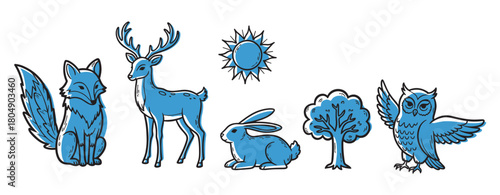 Set of blue forest animal illustrations featuring a fox, stag, hare, and owl alongside a tree and sun, created in a charming hand-drawn doodle art style