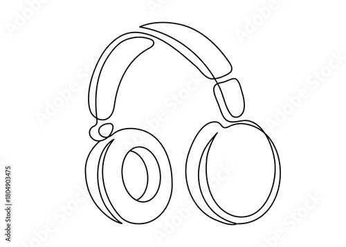 Headphones drawn in a single continuous line, creating a minimalist outline of a modern audio device. Simple one-line contour representing wireless listening, music, sound, and playlists.