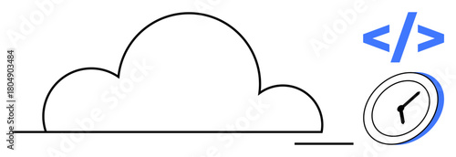 Cloud outline with time clock and coding brackets representing cloud computing, coding, efficiency, and real-time operations. Ideal for technology, development, innovation, time management, data