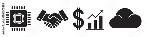 A set of black business and technology icons including a microchip, handshake, financial growth chart, and cloud computing symbol for modern digital concepts