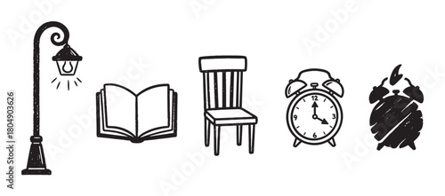 A charming set of five hand-drawn icons in a black and white doodle style, featuring a vintage street lamp, an open book, a wooden chair, and two classic alarm clocks