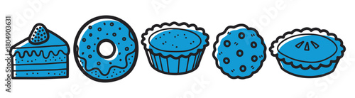 A collection of hand-drawn dessert icons including a cake slice, donut, cupcake, cookie, and pie, all rendered in a simple blue and black graphic doodle style