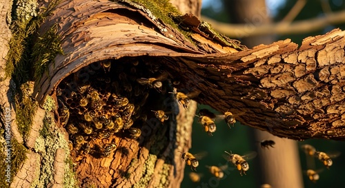 A swarm of bees congregates around a hollow in a tree trunk, with some bees flying in and out.