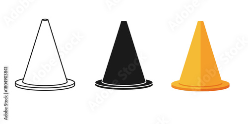 Traffic cone Vector Set in Three Styles — Line Art, Silhouette and Color Version with clear and defined lines used for safety and warning signage