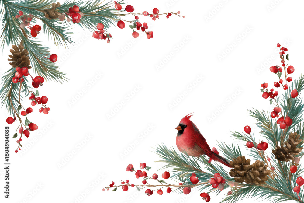 Naklejka premium Christmas Corner Border with Cardinal Bird and Pine Branches Watercolor