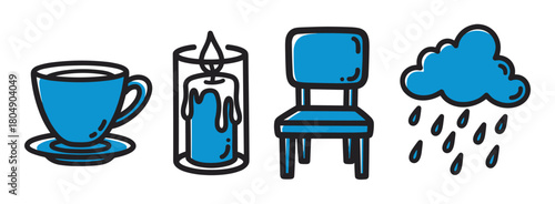 A charming set of four hand-drawn doodle icons in blue and black, depicting cozy home objects like a cup and chair alongside a candle and a sad, rainy weather cloud