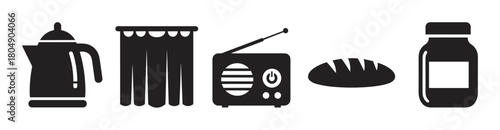 A collection of black silhouette icons showing a kettle, curtain, radio, bread, and jar, representing various household items and daily life concepts in a simple graphic style