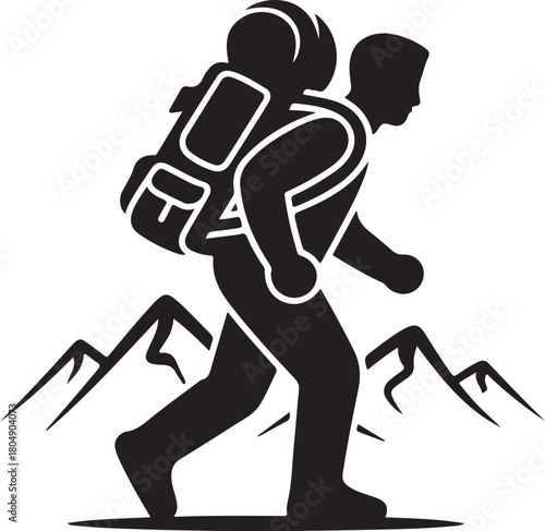 Silhouette of a hiker with backpack on a hillside