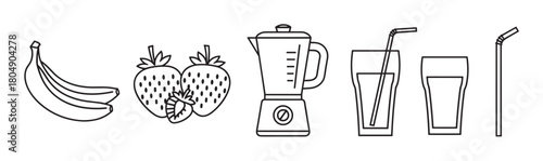 A minimalist black line art illustration showing the ingredients and tools for making a healthy fruit smoothie, including bananas, strawberries, a blender, and glasses