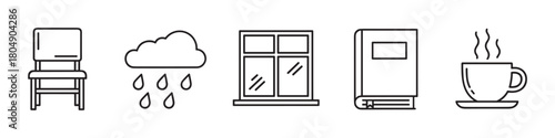 Minimalist icon set illustrating a cozy and relaxing rainy day concept with linear symbols of a chair, cloud, window, book, and a steaming cup of a hot drink