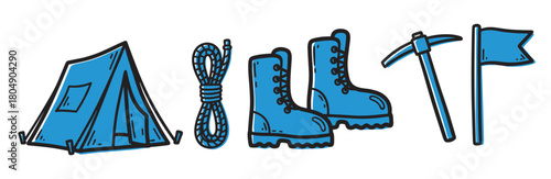 A collection of doodle-style illustrations showing essential mountaineering and trekking gear, including a tent, climbing rope, sturdy boots, an ice axe, and a small flag